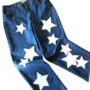 Upcycled Patchwork Jeans, Size 16: Cropped Denim Hippie Pants with Stars